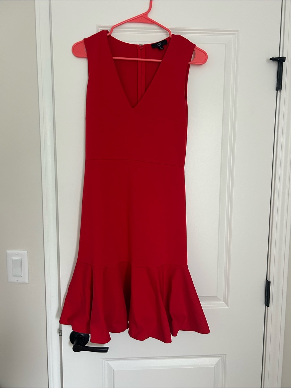 J. Crew Red V‑Neck Midi Dress with Flounce Hem